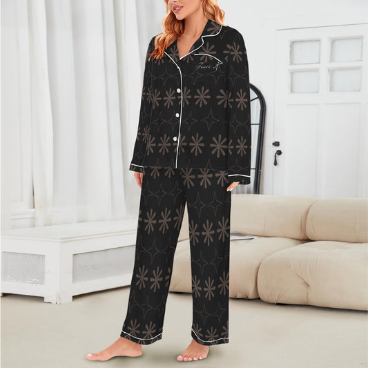 Traci K* Signature Pattern Satin Loungewear Black Women's Long Sleeve Satin Pajama Set