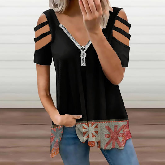 Traci K Asterisk Designer BE zip off shoulder top Women's Off Shoulder Zip V-Neck Tunic