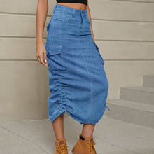 Load image into Gallery viewer, Drawstring Ruched Slit Denim Midi Skirt