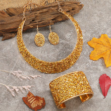 Load image into Gallery viewer, 22K Gold Plated Jewelry Set With Choker Necklace & Drop Earrings & Open Cuff Bangle Bracelet Inlaid Colorful Rhinestone