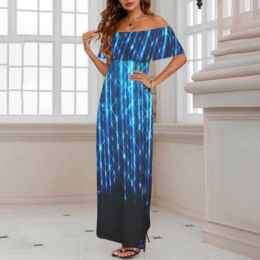 Traci K Celebration of Lights Long Ruffle Dress Women's Off Shoulder Ruffle Boat Neck Dress (Model D71)