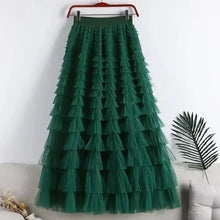 Load image into Gallery viewer, Casual Solid Women Tierred Ball Gown Skirts Tulle High Waist Pleated Long Tutu Skirt Elegant Ladies Wild Mesh Dating Maxi Skirts
