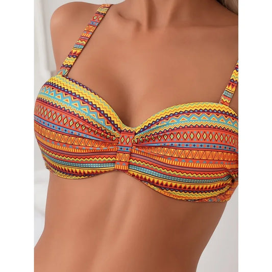 new summer orange print pants drawstring design swimsuit two-piece set