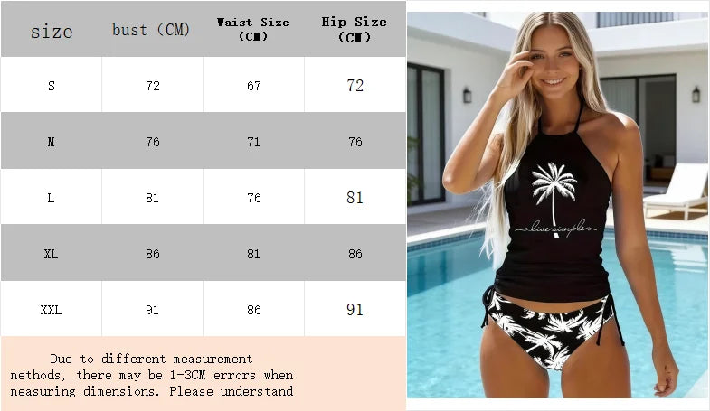 Women's black split bikini set with coconut print and tie up