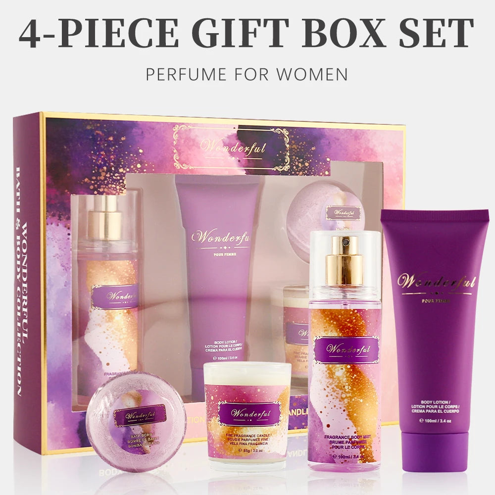 Wonderful- Fragrances by Traci K Beauty 4 Piece Gift Box Set Women's Fragrance Sets 3.4fl.oz Body Mist, 3.4fl.oz Body Lotion, 3oz Candle and 2oz Bath Bomb 4 Pcs WONDERFUL Gift for Women