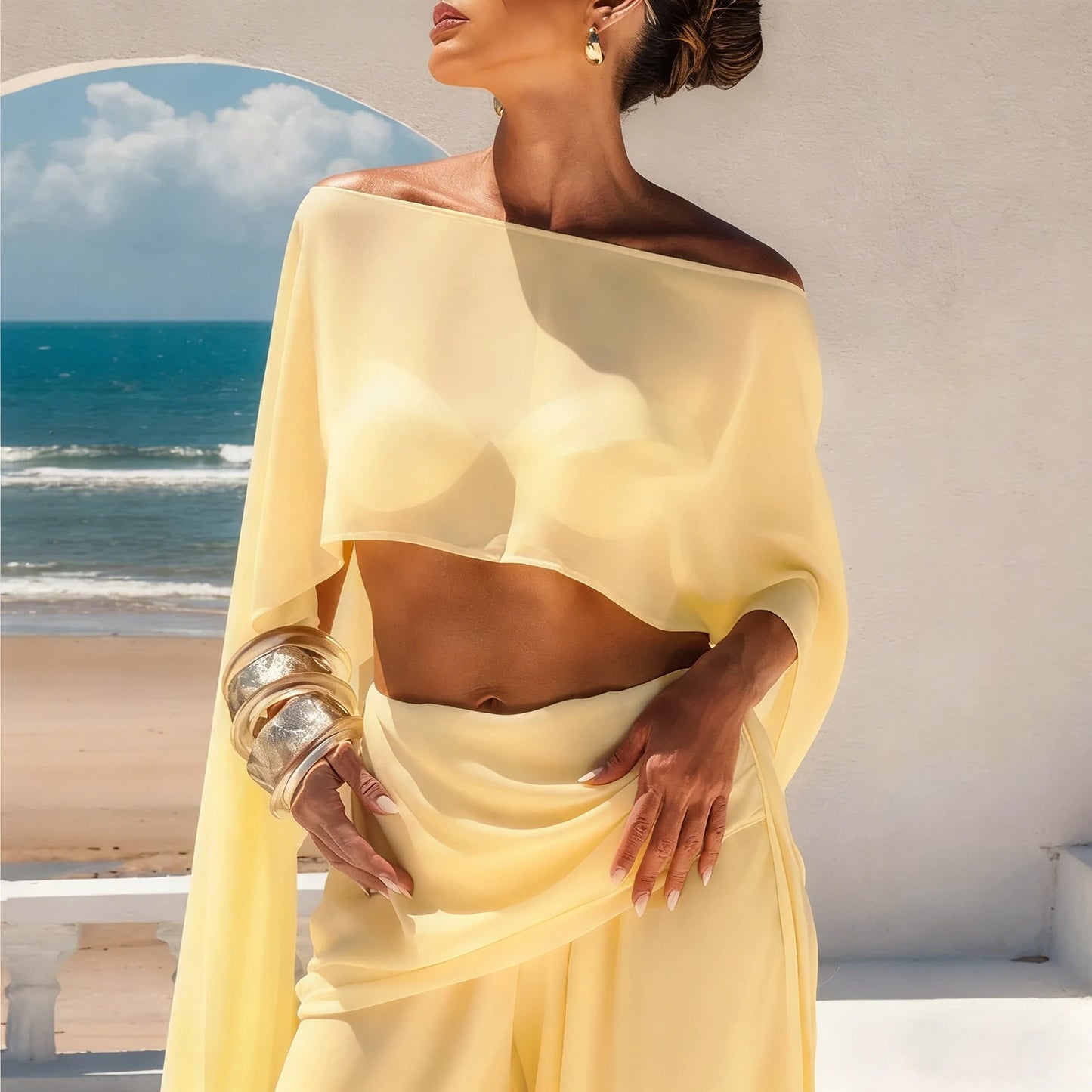 Women Chiffon Long Cape Mesh Sheer See Thru Coverup High Low Flowy Poncho Wraps Capelets Bridal Wedding Evening Party