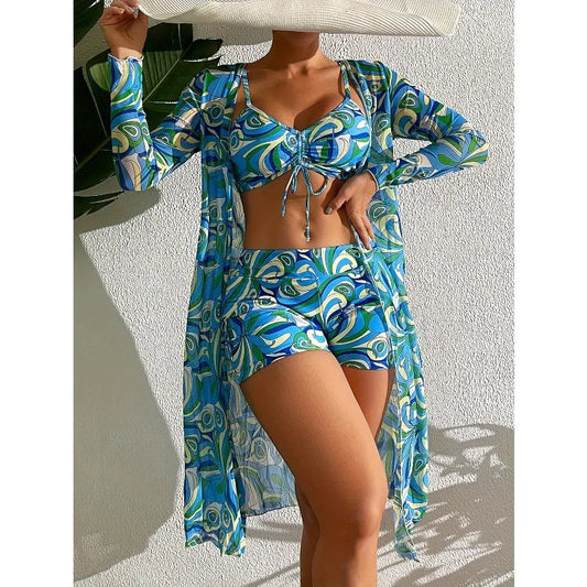 Three-piece printed drawstring bikini set, stylish high-waisted swimsuit with long-sleeved tulle blouse and kimono shirt