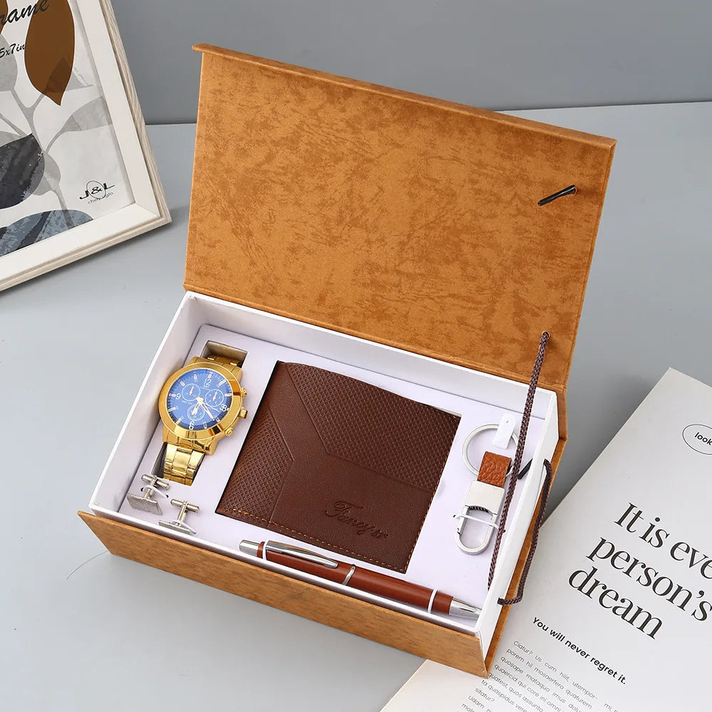 Fancy by Traci K Collection New Watch Men's Gift Set with Box Belt Wallet Set Keychain Sunglasses Cufflinks Ballpoint Pen Father's Day Gift Business Box Set