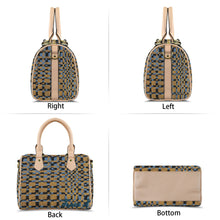 Load image into Gallery viewer, Traci K Signatured Designer Blue Brown Blocked Boston Bag Boston Leather Handbag-Khaki Handle (Model 1746)