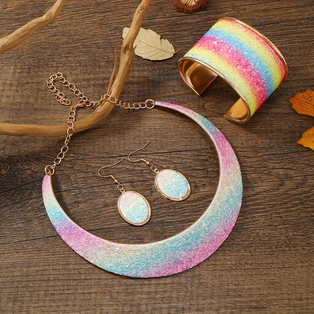 22K Gold Plated Jewelry Set With Choker Necklace & Drop Earrings & Open Cuff Bangle Bracelet Inlaid Colorful Rhinestone