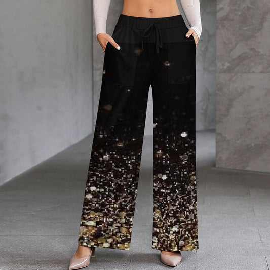 New Year Gold Sparkle All-Over Print Women’s Wide-Leg Pants by Traci K Collection
