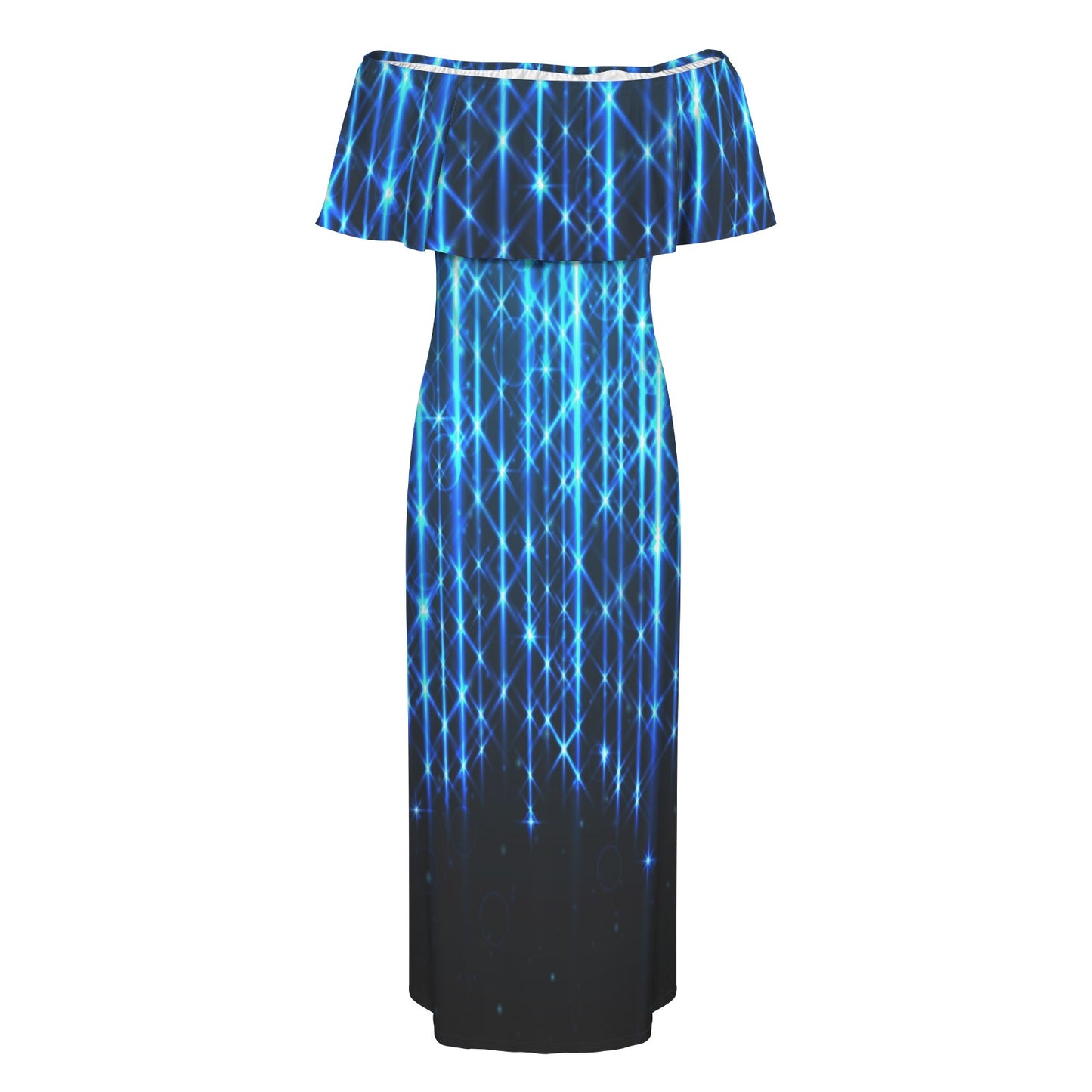 Traci K Celebration of Lights Long Ruffle Dress Women's Off Shoulder Ruffle Boat Neck Dress (Model D71)