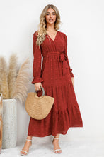 Load image into Gallery viewer, Swiss Dot Tied Surplice Flounce Sleeve Dress