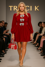 Load image into Gallery viewer, Velvet Bow Front Balloon Sleeve Dress by Traci K Collections