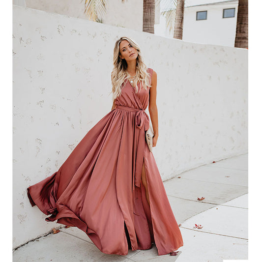 Cross-border women's clothing summer new bohemian solid color V-neck sleeveless high slits large swing dress long skirt