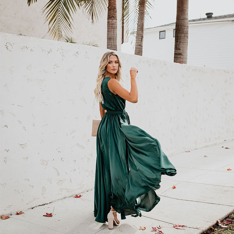 Cross-border women's clothing summer new bohemian solid color V-neck sleeveless high slits large swing dress long skirt