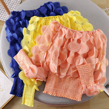 Load image into Gallery viewer, One-word shoulder waist upper clothing female small design fashion three-dimensional flower bubble sleeve perspective mesh chiffon shirt