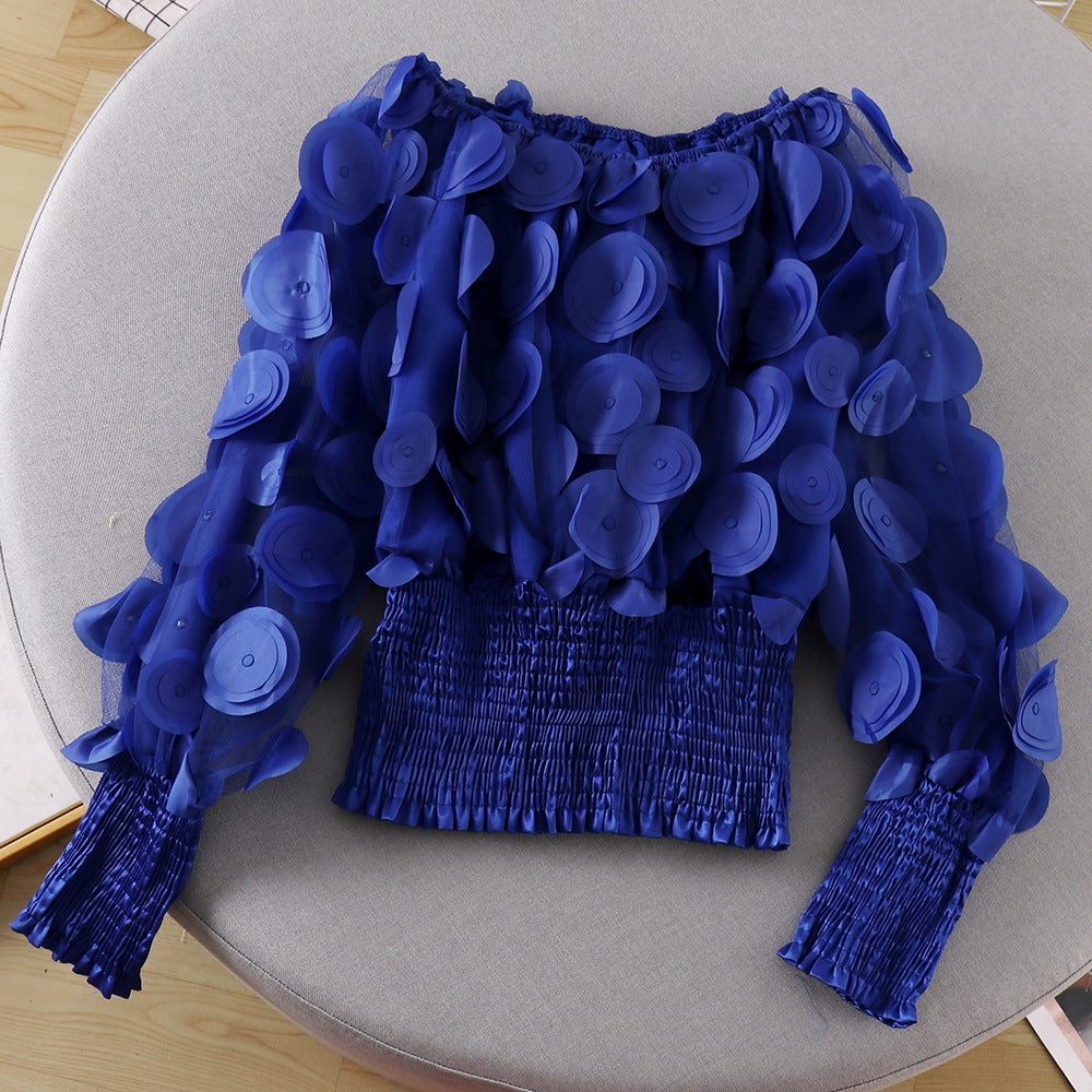 One-word shoulder waist upper clothing female small design fashion three-dimensional flower bubble sleeve perspective mesh chiffon shirt