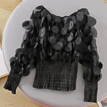 Load image into Gallery viewer, One-word shoulder waist upper clothing female small design fashion three-dimensional flower bubble sleeve perspective mesh chiffon shirt