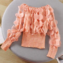 Load image into Gallery viewer, One-word shoulder waist upper clothing female small design fashion three-dimensional flower bubble sleeve perspective mesh chiffon shirt