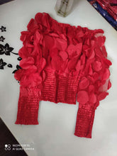 Load image into Gallery viewer, One-word shoulder waist upper clothing female small design fashion three-dimensional flower bubble sleeve perspective mesh chiffon shirt