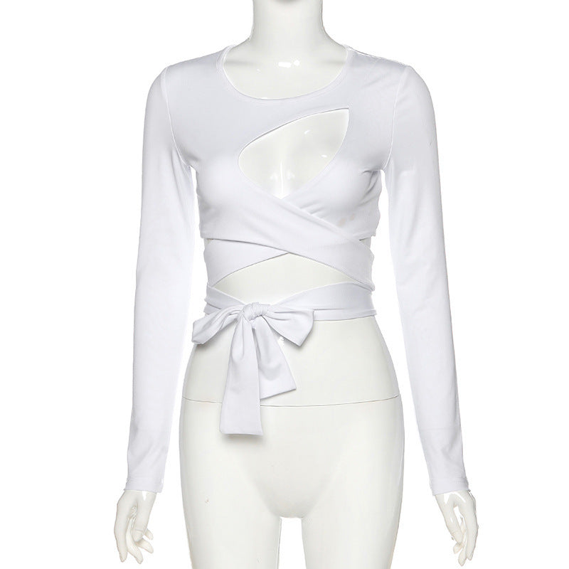 Slim Fit Long Sleeve Round Neck Hollowed Out Crop Top