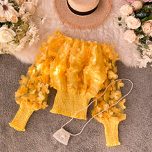 Load image into Gallery viewer, One-word shoulder waist upper clothing female small design fashion three-dimensional flower bubble sleeve perspective mesh chiffon shirt