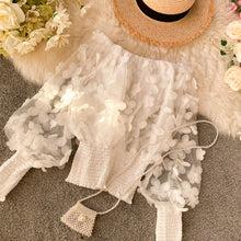 Load image into Gallery viewer, One-word shoulder waist upper clothing female small design fashion three-dimensional flower bubble sleeve perspective mesh chiffon shirt