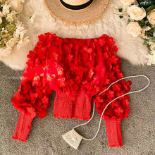 Load image into Gallery viewer, One-word shoulder waist upper clothing female small design fashion three-dimensional flower bubble sleeve perspective mesh chiffon shirt