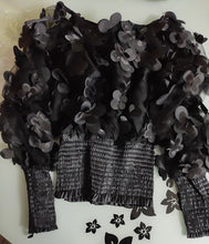 Load image into Gallery viewer, One-word shoulder waist upper clothing female small design fashion three-dimensional flower bubble sleeve perspective mesh chiffon shirt