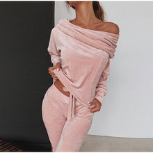 Load image into Gallery viewer, Solid Color Fashion Casual Set Off-shoulder Bow Slim Fit Homewear Suits Loungewear