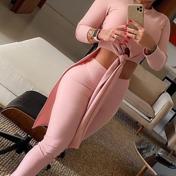 Autumn and Winter New Casual Solid Color round Neck Long Sleeve Split Knot Top High Waist Trousers Two-Piece Set