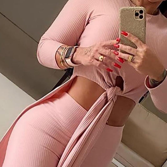 Autumn and Winter New Casual Solid Color round Neck Long Sleeve Split Knot Top High Waist Trousers Two-Piece Set