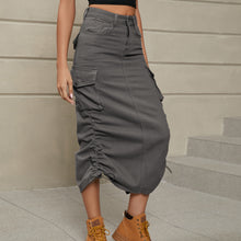 Load image into Gallery viewer, Drawstring Ruched Slit Denim Midi Skirt