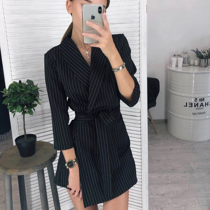 Spring Summer Autumn Women Three-quarter Sleeve Solid Color Polo Collar Suit Fashion Belt Elegant Dress For Women