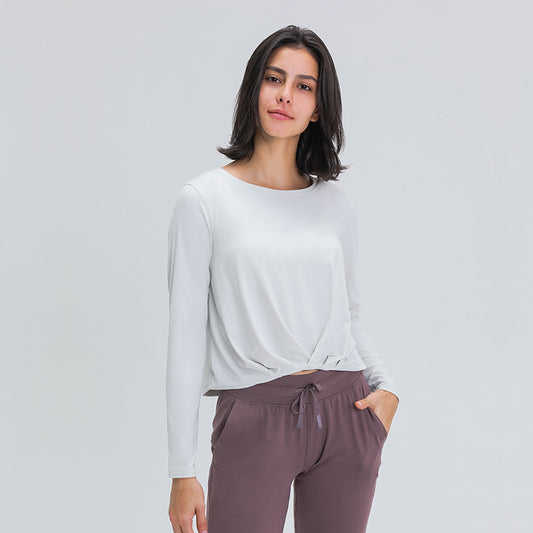 Fitstyle New Brushed Nude Feel Yoga Long Sleeve Fashion All-Match Front Hem Pleated Loose Yoga Clothes