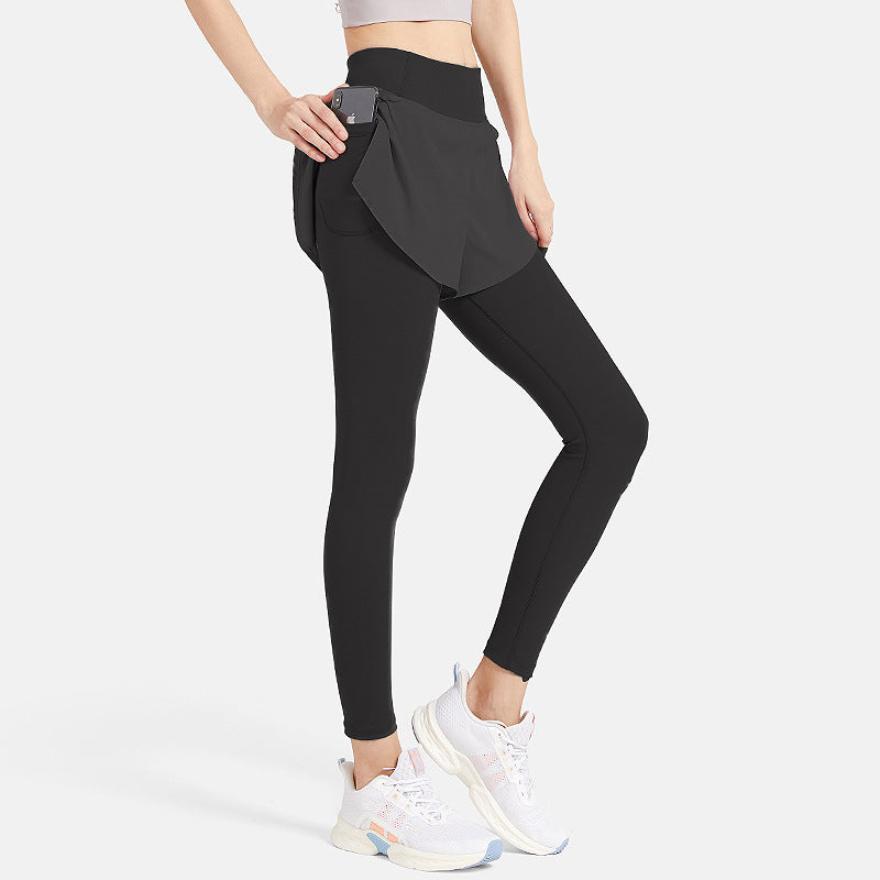 Fitstyle Nude Feel Cotton Fake Two Pieces Yoga Pants Women's High Waist Hip Lift Tight Skinny Fitness Pants Running Stretch Sports Trousers