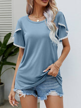 Load image into Gallery viewer, Pom-Pom Trim Flutter Sleeve Round Neck Tee