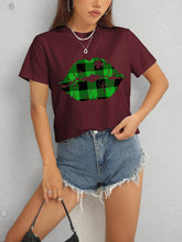 Load image into Gallery viewer, Plaid Lip Graphic Round Neck T-Shirt