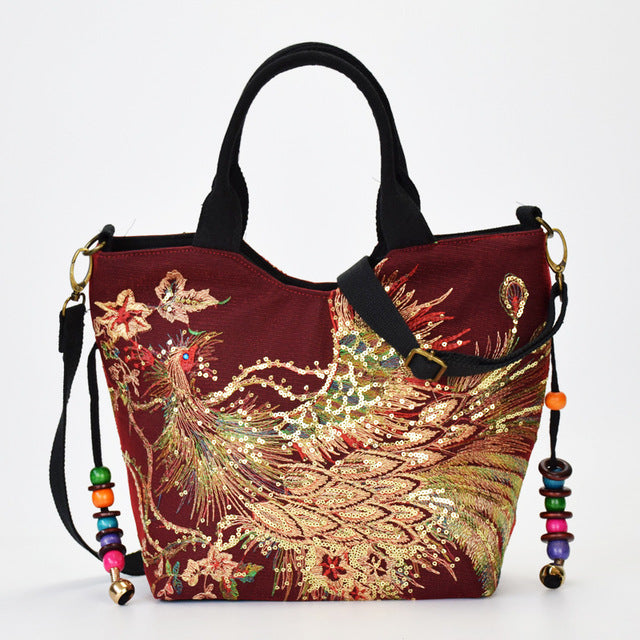 Women Shoulder Bag Handmade Embroidery Peacock Bohemia Ethnic Style Retro Handbag Large Capacity Tote Messenger Bag for Girl