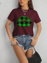 Load image into Gallery viewer, Plaid Lip Graphic Round Neck T-Shirt