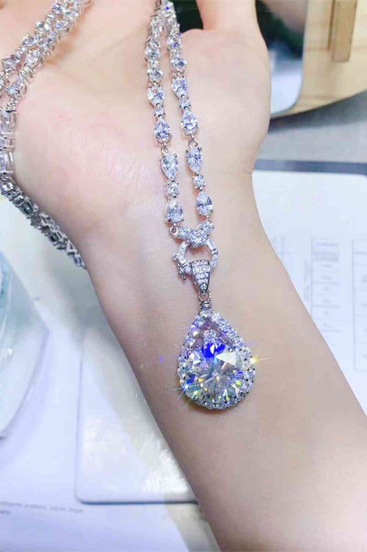 10 Carat Certifcate Included Moissanite Teardrop Pendant Platinum-Plated Necklace