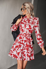 Load image into Gallery viewer, Floral Tie Neck Belted Puff Sleeve Dress