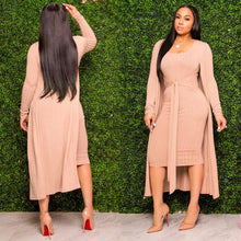 Load image into Gallery viewer, Knitted Sweater Bodycon Sleeveless Dress Long Cardigans Coat 2 Piece Set Ribbed Dress Belt