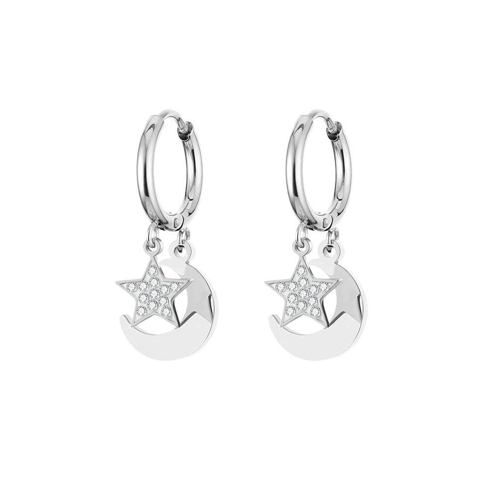 Star Moon Earrings for Women Stainless Steel Small Circle Ear Hoops Earrings Mosaic Cubic Zircon Pendant Jewelry Wedding Gift