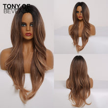Load image into Gallery viewer, Long Wavy Brown to Light Blonde Ombre Hair Wigs Middle Part Natural Synthetic Wigs for Black Women Cosplay Heat Resistant Wigs