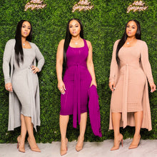 Load image into Gallery viewer, Knitted Sweater Bodycon Sleeveless Dress Long Cardigans Coat 2 Piece Set Ribbed Dress Belt