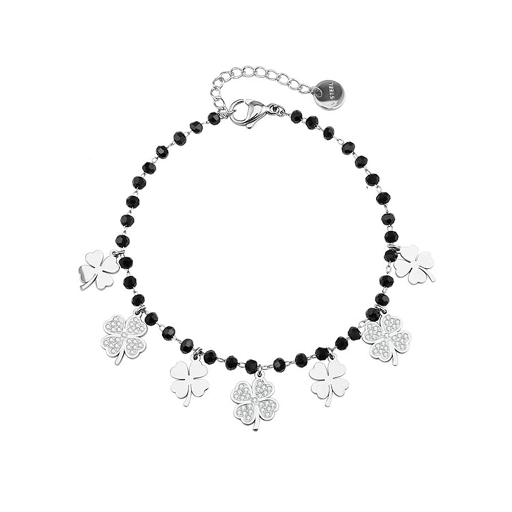 Trendy Women Summer Accessories Bracelet Stainless Steel Charms Black Crystal Beads Chain Multi Clovers Jewelry