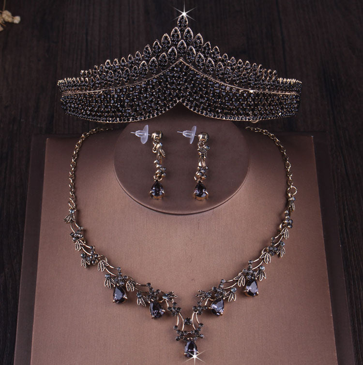 Rising from the Ashes to Beauty -Jewelry Set Baroque Gold Color Black Crystal Heart Bridal Jewelry Sets Rhinestone Crowns Tiaras Necklace Earrings Wedding Dubai Jewelry Set