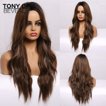 Load image into Gallery viewer, Long Wavy Brown to Light Blonde Ombre Hair Wigs Middle Part Natural Synthetic Wigs for Black Women Cosplay Heat Resistant Wigs